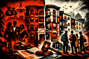 Chatgpt Image Mar 1, 2026, 07_05_30 Am Dramatic split-screen sketch illustration of a classic brick apartment building—left side shows luxury symbols (affluent silhouettes, money icon, chandelier, upscale car) and right side shows students/young professionals with backpacks and bikes, with a gavel and paperwork suggesting strict regulations shaping the outcome (no text in image).