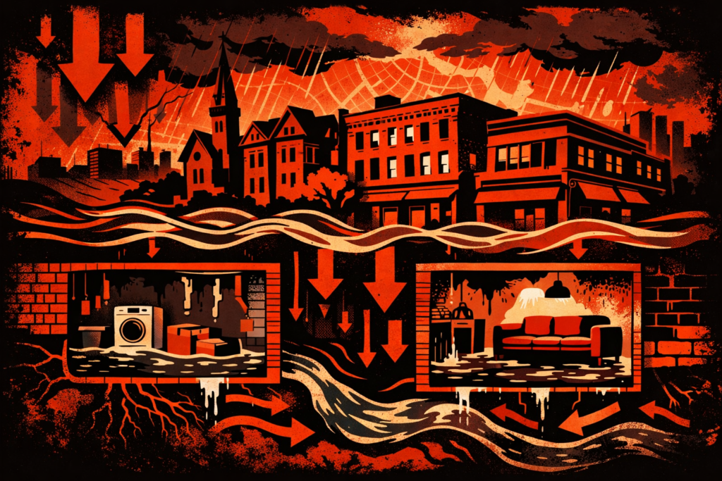 Dramatic red-and-black pop-art illustration of Brookline buildings during a storm, with arrows and rain driving water underground into basement apartments, revealing hidden streams and flooded lower levels beneath the neighborhood.