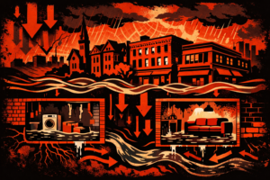 Dramatic red-and-black pop-art illustration of Brookline buildings during a storm, with arrows and rain driving water underground into basement apartments, revealing hidden streams and flooded lower levels beneath the neighborhood.