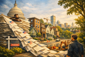 Illustration-style editorial image showing U.S. Capitol and flowing policy documents transforming into a Brookline neighborhood with classic homes, construction, and Boston skyline, conveying federal policy shaping local housing.