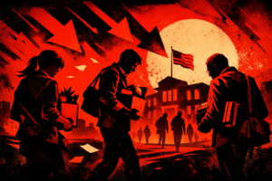 Dramatic red-and-black illustration of silhouetted teachers walking away from a school building carrying personal belongings, with downward arrows and a stark sunset symbolizing layoffs and institutional decline.