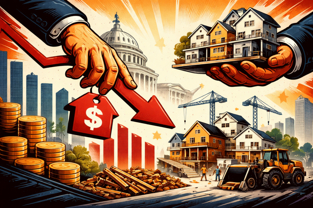Dramatic illustration showing government influence on housing prices with a downward arrow, Capitol backdrop, and active construction site building new homes.
