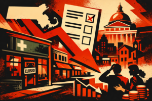 Poster-style illustration of a Massachusetts ballot initiative threatening adult-use cannabis retail, with a closed dispensary storefront, downward red arrows, Brookline-style streets, the State House dome, and worried investors in a bold red, black, and orange palette.