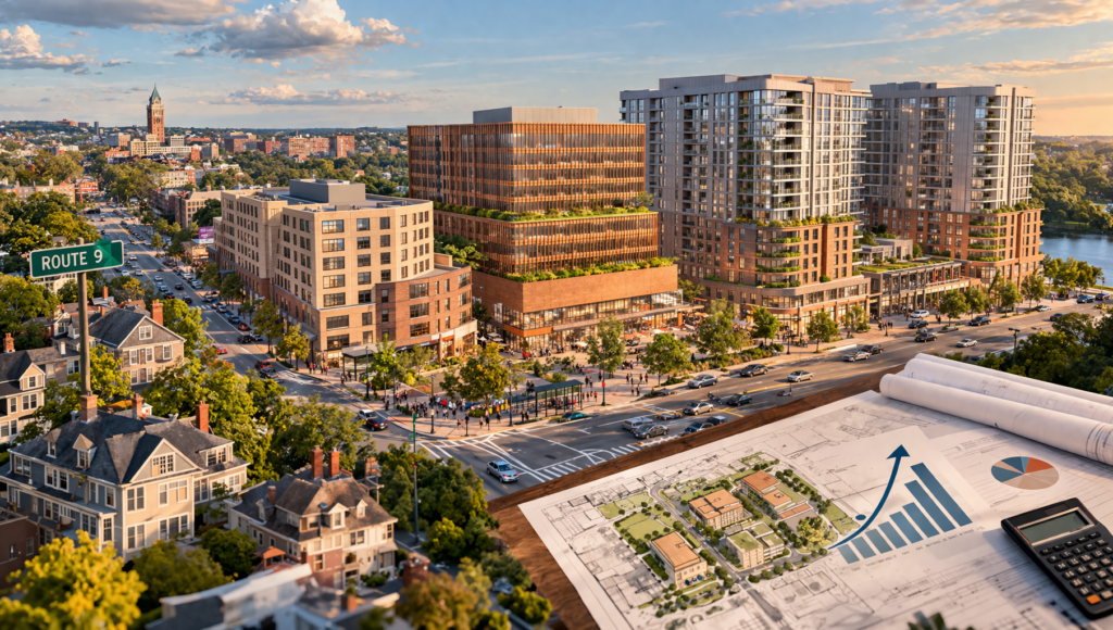 Featured image of a proposed mixed-use redevelopment along Brookline’s Route 9 corridor, showing modern mid-rise and high-rise buildings, street-level retail, surrounding homes, and planning documents suggesting the zoning and tax stakes of the Town Meeting vote.