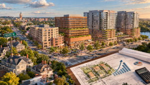 Featured image of a proposed mixed-use redevelopment along Brookline’s Route 9 corridor, showing modern mid-rise and high-rise buildings, street-level retail, surrounding homes, and planning documents suggesting the zoning and tax stakes of the Town Meeting vote.