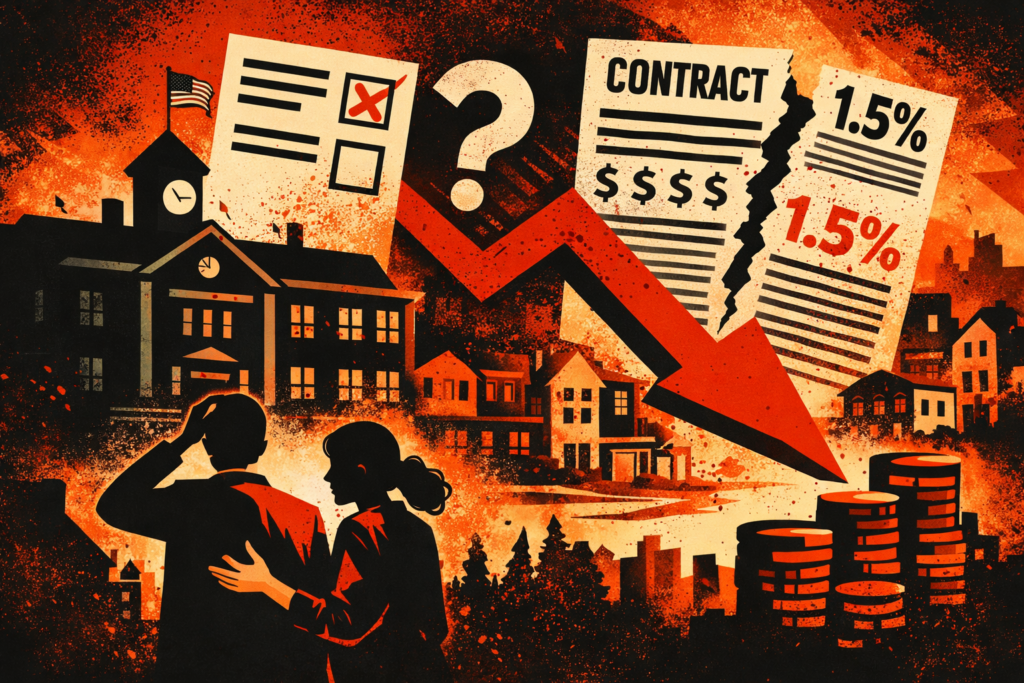 Poster-style illustration of Brookline school funding uncertainty and its effect on home values, showing a school building, nearby houses, anxious buyers, a ballot, a torn contract with a 1.5% raise, and a large downward arrow in a bold red, black, and beige palette.