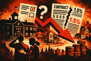 Poster-style illustration of Brookline school funding uncertainty and its effect on home values, showing a school building, nearby houses, anxious buyers, a ballot, a torn contract with a 1.5% raise, and a large downward arrow in a bold red, black, and beige palette.