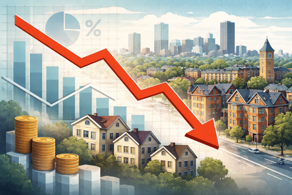 Editorial-style featured image of Brookline apartment buildings and neighborhood streets overlaid with market charts, coin stacks, and a sharp downward red arrow to represent the projected fiscal impact of a proposed rent cap.
