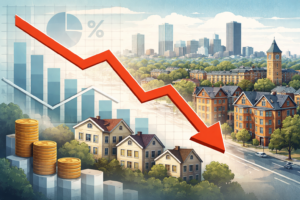 Editorial-style featured image of Brookline apartment buildings and neighborhood streets overlaid with market charts, coin stacks, and a sharp downward red arrow to represent the projected fiscal impact of a proposed rent cap.