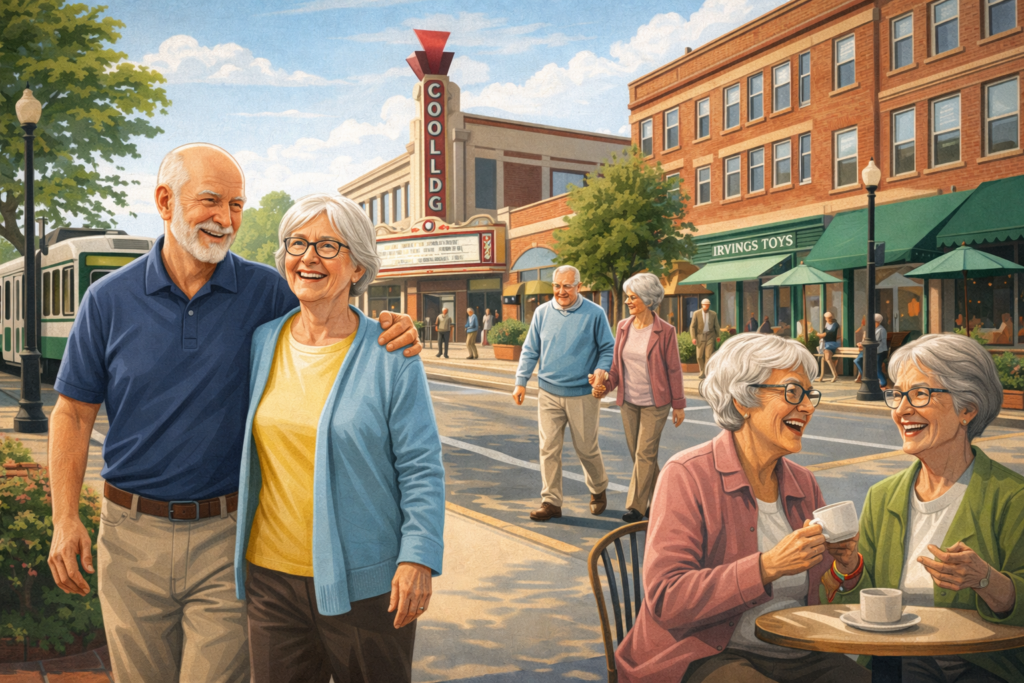 Warm illustration of Coolidge Corner with smiling older adults walking, chatting, and enjoying coffee outdoors near storefronts and a Green Line trolley on a sunny day.