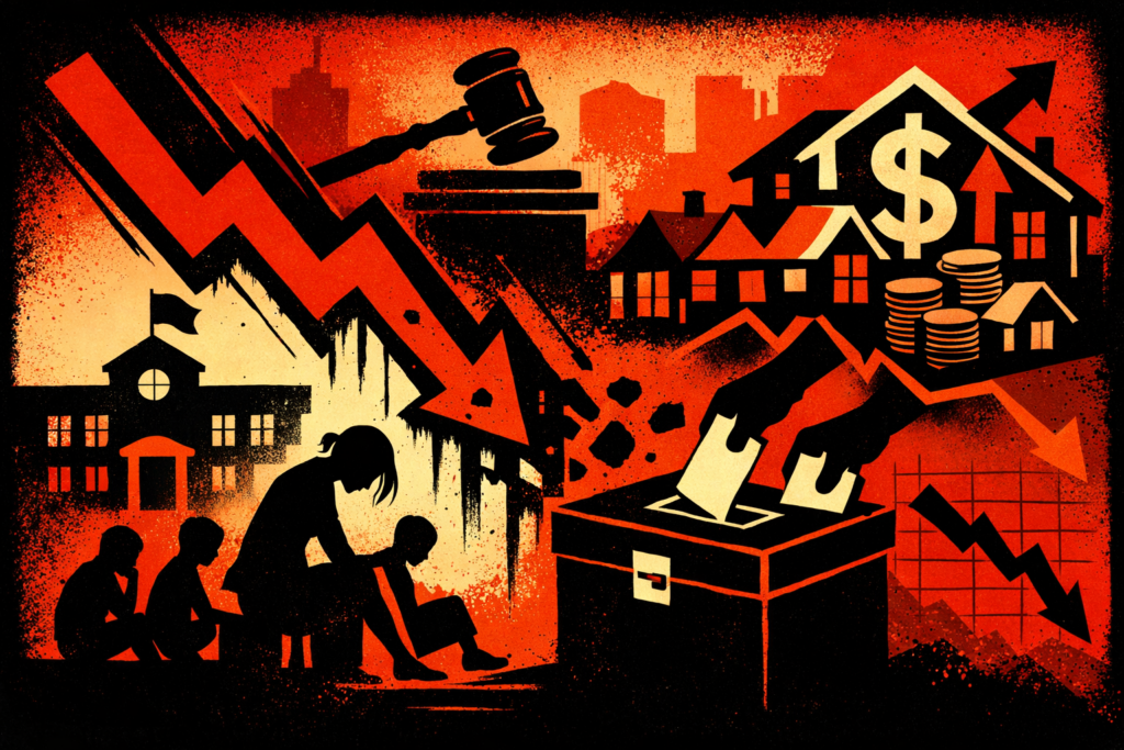 Dramatic red-and-black illustration of a school budget crisis, showing a public school, a ballot box, a judge’s gavel, houses with tax symbols, and plunging trend lines to represent Brookline’s override vote and its impact on taxes and education.