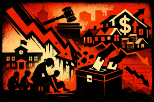 Dramatic red-and-black illustration of a school budget crisis, showing a public school, a ballot box, a judge’s gavel, houses with tax symbols, and plunging trend lines to represent Brookline’s override vote and its impact on taxes and education.