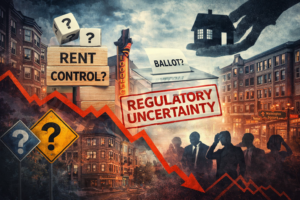 Moody collage of Brookline multifamily buildings, a ballot box, uncertain investor silhouettes, and downward market arrows symbolizing rent control uncertainty, refinance risk, and potential pressure on property values.