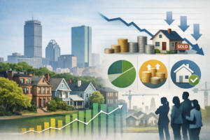 Data-driven featured image of Brookline-style homes and the Boston skyline with housing charts, mortgage-rate imagery, coins, cranes, and homebuyers, illustrating affordability and competitiveness in the local housing market.