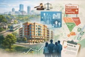 Chatgpt Image Mar 24, 2026, 05_17_06 Pm Professional collage-style featured image showing a new mid-rise multifamily building in Brookline near Green Line transit, with neighborhood homes, planning maps, civic voting imagery, and upward development signals to represent the Pleasant Street and Chestnut Hill overlay debates.