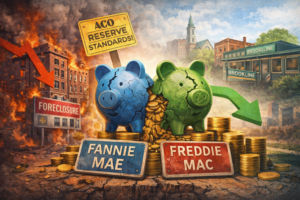 Dramatic illustration of older Brookline condo buildings under financial pressure as reserve requirements tighten, with distressed mid-rise properties in walkable village centers contrasted against steadier residential areas, symbolizing tougher financing conditions in underfunded associations.