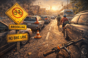 Chatgpt Image Mar 26, 2026, 12_23_25 Pm Dramatic street scene showing Brookline after a paused bike-lane redesign, with cyclists squeezed between traffic and parked cars on a tense, congested corridor, symbolizing the risks and uncertainty of choosing not to add protected bike infrastructure.