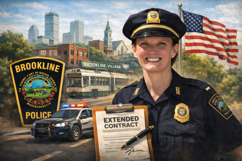 Illustrated featured image of Brookline Police Chief Jennifer Paster in uniform with Brookline elements including a Green Line trolley, Brookline Village signage, local architecture, police imagery, and civic symbols representing public safety leadership and municipal investment.