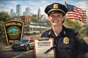 Chatgpt Image Mar 28, 2026, 06_10_39 Am Illustrated featured image of Brookline Police Chief Jennifer Paster in uniform with Brookline elements including a Green Line trolley, Brookline Village signage, local architecture, police imagery, and civic symbols representing public safety leadership and municipal investment.