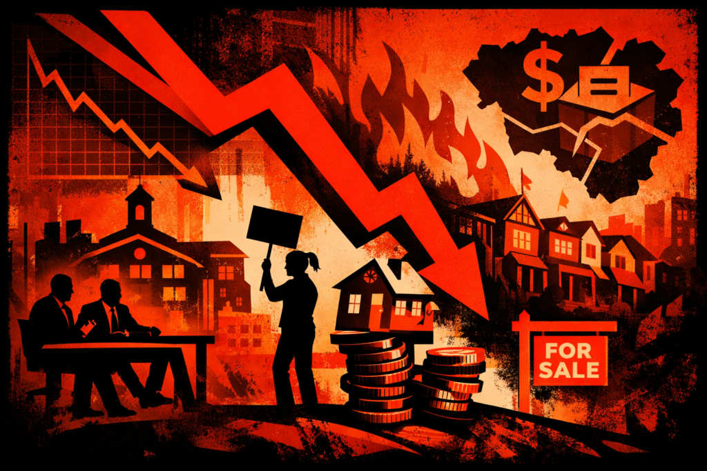 Chatgpt Image Mar 29, 2026, 05_17_49 Pm Dramatic red-and-black editorial illustration of stalled teacher contract talks impacting Brookline housing, with a downward arrow over a school building, negotiating figures, a protesting teacher silhouette, and homes balanced on stacked coins.