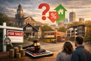 Chatgpt Image Mar 30, 2026, 12_22_45 Pm Featured image showing Brookline real estate uncertainty ahead of a property tax override vote, with homes, a municipal building, school bus, fire station, calculator, coins, and buyers weighing market impacts.