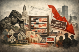 Editorial-style featured image showing a veteran homeowner facing delayed property tax relief in Brookline, with houses, tax bills, payroll paperwork, a downward red arrow, and civic buildings conveying administrative stall and financial strain.