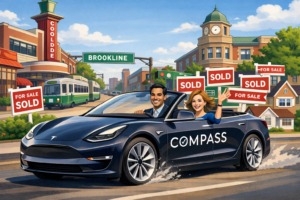 Illustration of Elad and Mara Bushari riding in a Compass-branded Tesla convertible through Coolidge Corner in Brookline, with Elad clearly seated on the left and sold signs behind them.