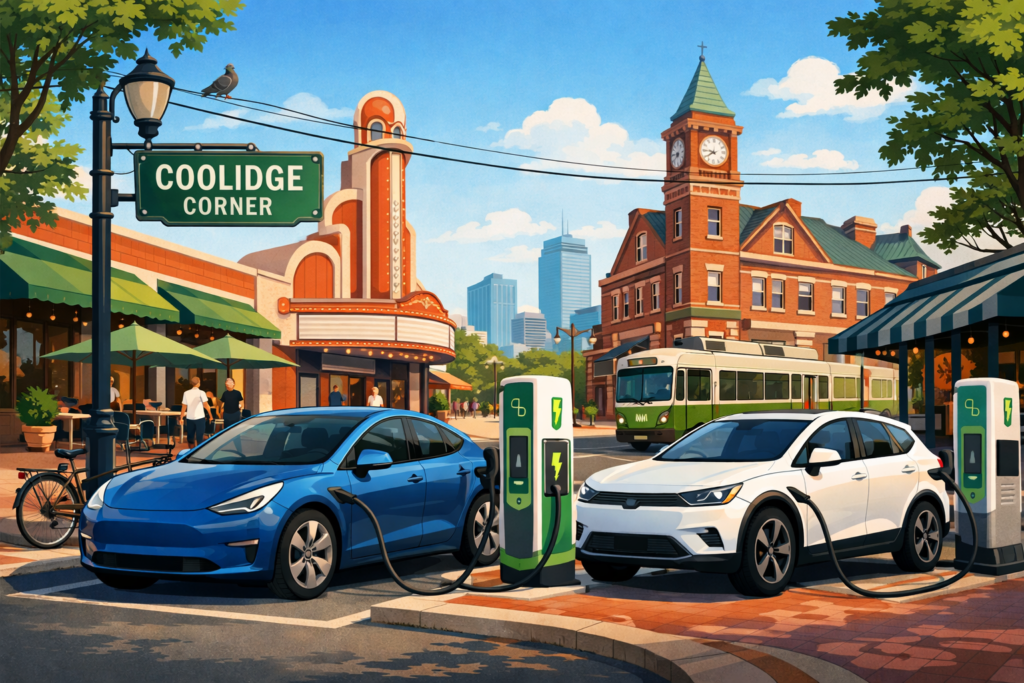Alt Text: Illustration of two electric cars plugged into green charging stations in Coolidge Corner, with the Coolidge Corner Theatre marquee, a clock-tower brick building, sidewalk cafés, pedestrians, and a green trolley passing by under a sunny sky.