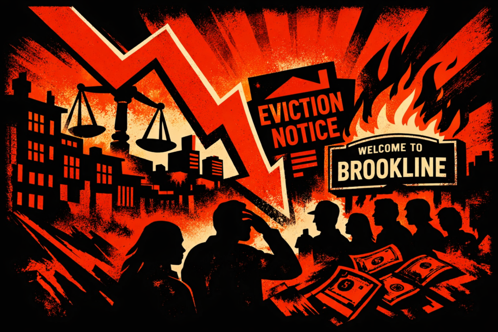 Dramatic red-and-black poster-style illustration of Brookline’s rental market under pressure, with a plunging arrow, distressed residents, housing silhouettes, and a crisis atmosphere.