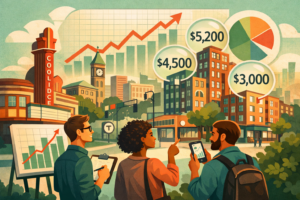Chatgpt Image Mar 6, 2026, 10_10_48 Am Illustrated featured image of renters in Brookline’s Coolidge Corner studying rental trend charts, with apartment buildings, rising price bubbles, and data graphics integrated into the cityscape.