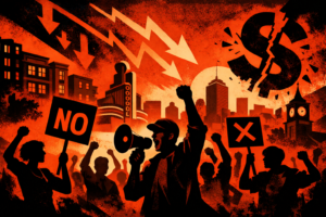 Chatgpt Image Mar 6, 2026, 11_23_09 Am Dramatic red, black, and orange illustration of renters protesting in Brookline, with raised fists, a megaphone, downward arrows, a cracked dollar sign, and recognizable local landmarks including the Coolidge Corner Theatre and Brookline Village clock tower.