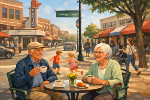 Happy older adults sitting at an outdoor coffee shop in Coolidge Corner while children run past and the busy neighborhood street feels lively, warm, and welcoming.