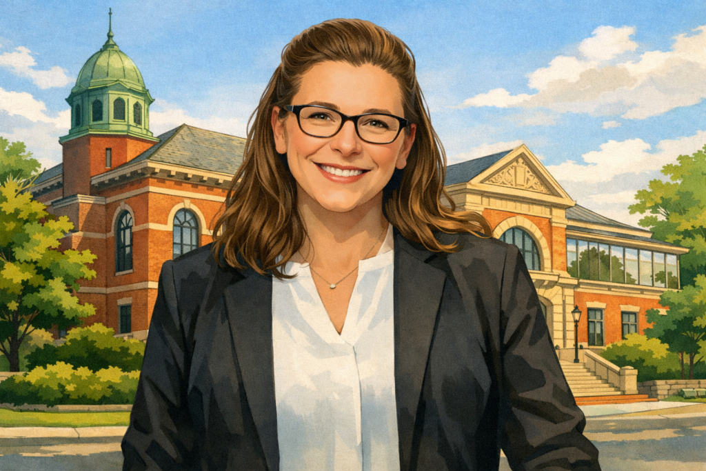 Illustrated portrait of Jill Mercurio smiling in front of the Brookline Public Library, with the historic brick building and leafy surroundings in the background.