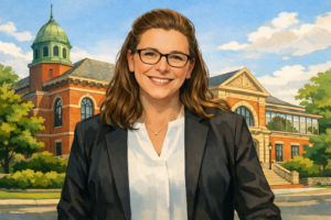Illustrated portrait of Jill Mercurio smiling in front of the Brookline Public Library, with the historic brick building and leafy surroundings in the background.