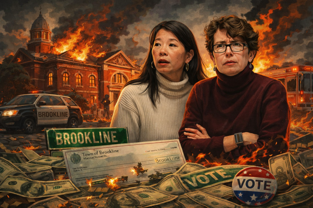 Dramatic illustration of Superintendent Bella Wong and School Committee Chair Valerie Frias in the foreground, with a Brookline school in crisis behind them and Brookline-themed civic and money elements emphasizing budget urgency.