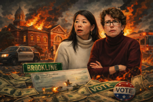 Dramatic illustration of Superintendent Bella Wong and School Committee Chair Valerie Frias in the foreground, with a Brookline school in crisis behind them and Brookline-themed civic and money elements emphasizing budget urgency.