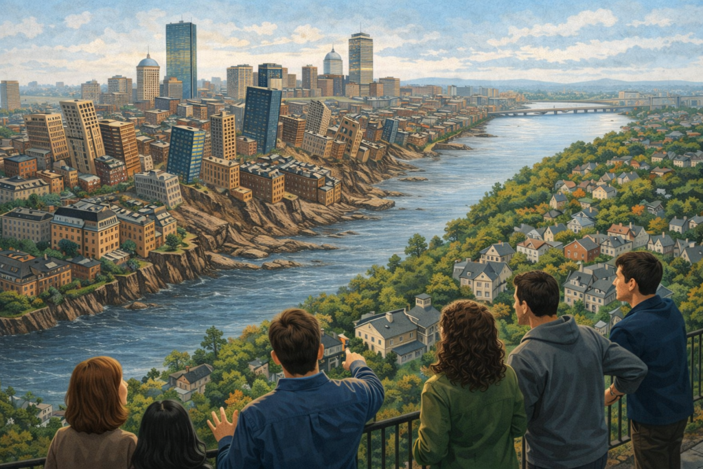 Editorial-style aerial illustration from above the Charles River showing Back Bay and Brookline, with subtle signs of ground instability in Back Bay while Brookline residents look on from the opposite side.