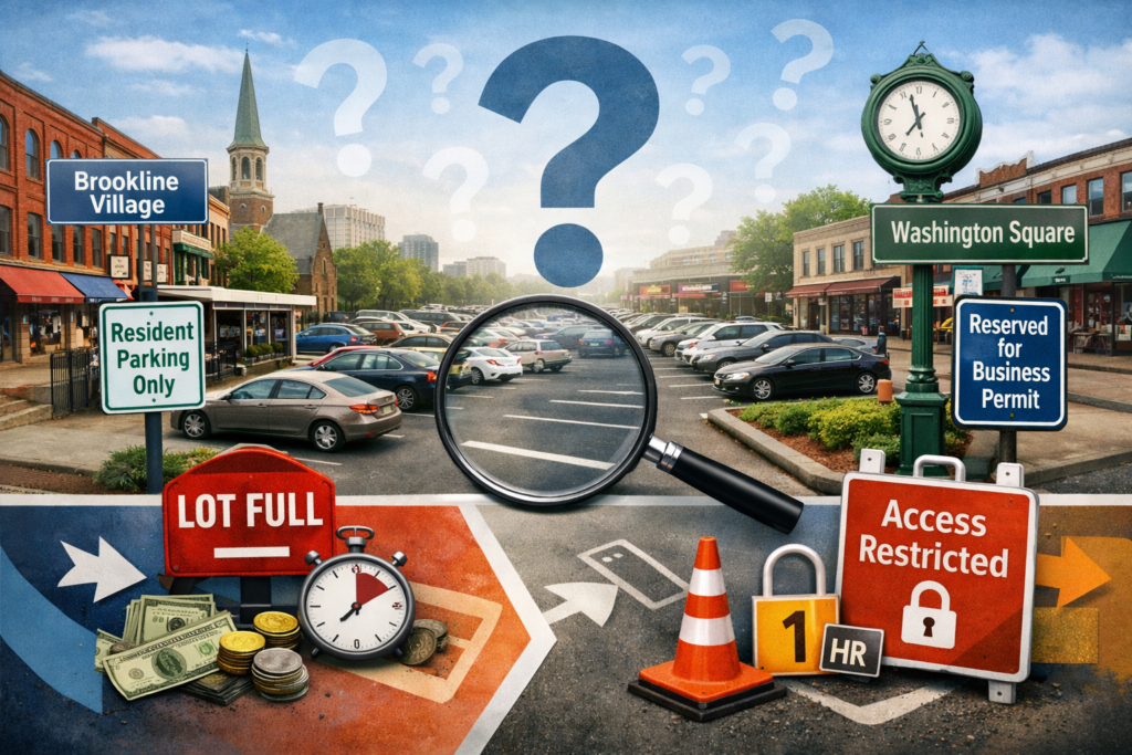 Featured image showing Brookline Village and Washington Square parking lots with reserved-parking signs, a magnifying glass over open spaces, and visual cues about restricted access, pricing, and time limits.