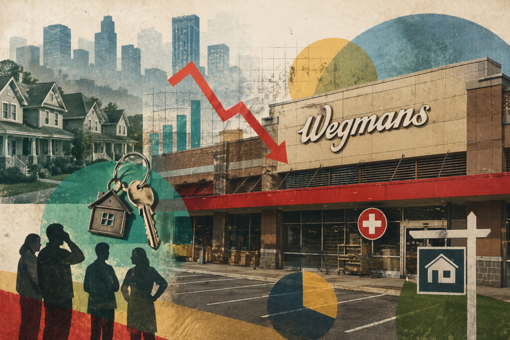 Stylized collage of a Wegmans storefront, nearby homes, real estate symbols, and a downward market arrow, illustrating the closure of a pharmacy and its ripple effects on the local housing market.