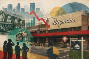 Stylized collage of a Wegmans storefront, nearby homes, real estate symbols, and a downward market arrow, illustrating the closure of a pharmacy and its ripple effects on the local housing market.