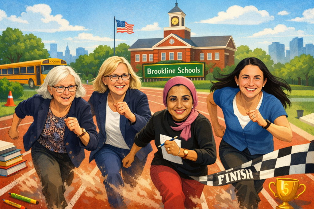 Diverse group of four women sprinting toward a finish line on a school track, Brookline Schools sign in the background.
