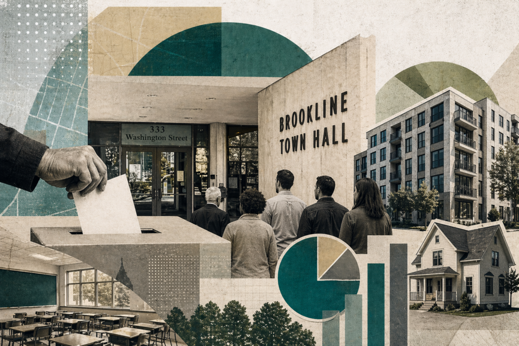 Professional civic collage featuring Brookline Town Hall, voters casting ballots, new housing buildings, a classroom, and clean infographic elements about the 2026 town election.