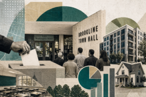 Professional civic collage featuring Brookline Town Hall, voters casting ballots, new housing buildings, a classroom, and clean infographic elements about the 2026 town election.