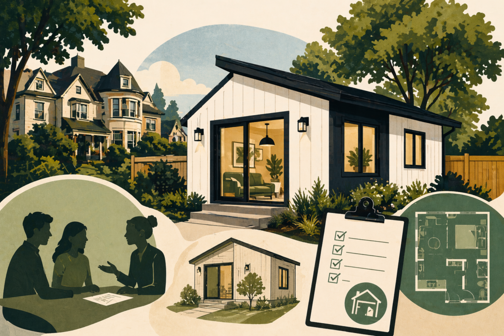 Exterior view of a contemporary shed-style home with large glass doors and surrounding greenery in a suburban setting