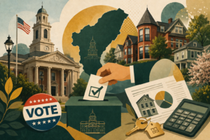 Retro-style illustration of Brookline civic buildings and neighborhood homes with a hand casting a ballot into a box, surrounded by financial charts and symbols representing property taxes and local elections.