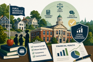 Infographic-style illustration of a Brookline school building with surrounding homes, overlaid with charts, graphs, and symbols representing improved financial management and budget stability in a suburban school district.
