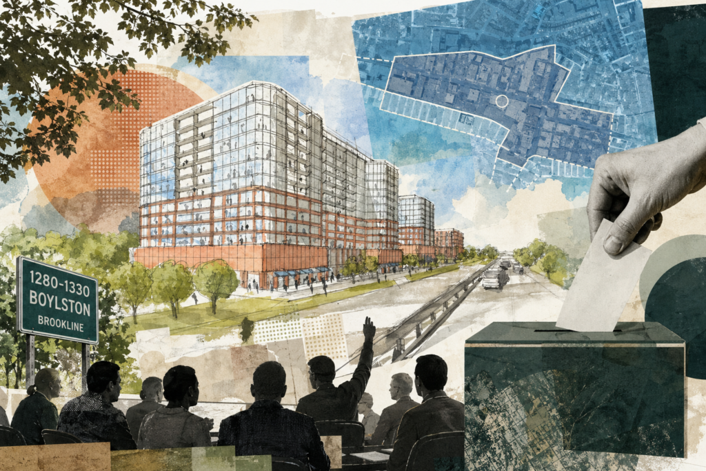 Collage-style illustration of a proposed mixed-use development along Boylston Street in Brookline, featuring modern mid-rise buildings, a map overlay, and civic voting imagery symbolizing a town decision.