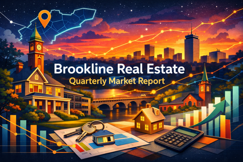 Vibrant featured image for a Brookline Real Estate Quarterly Market Report, showing Brookline-inspired homes, clock towers, a glowing skyline, and upward-trending market charts in a bold, energetic editorial style.
