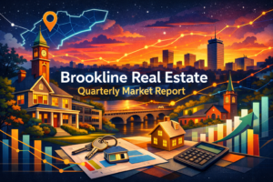 Vibrant featured image for a Brookline Real Estate Quarterly Market Report, showing Brookline-inspired homes, clock towers, a glowing skyline, and upward-trending market charts in a bold, energetic editorial style.
