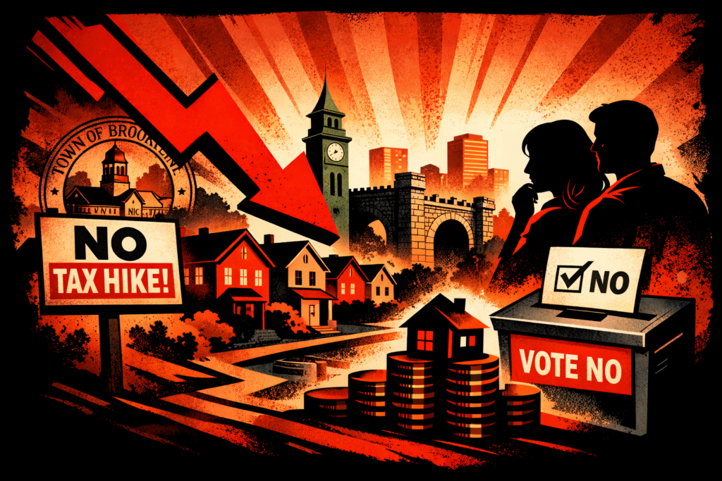 Editorial illustration of Brookline housing affordability pressure, with suburban homes, a dramatic downward arrow, worried buyers, stacked coins, and a tax-document motif in bold red, black, and orange tones.